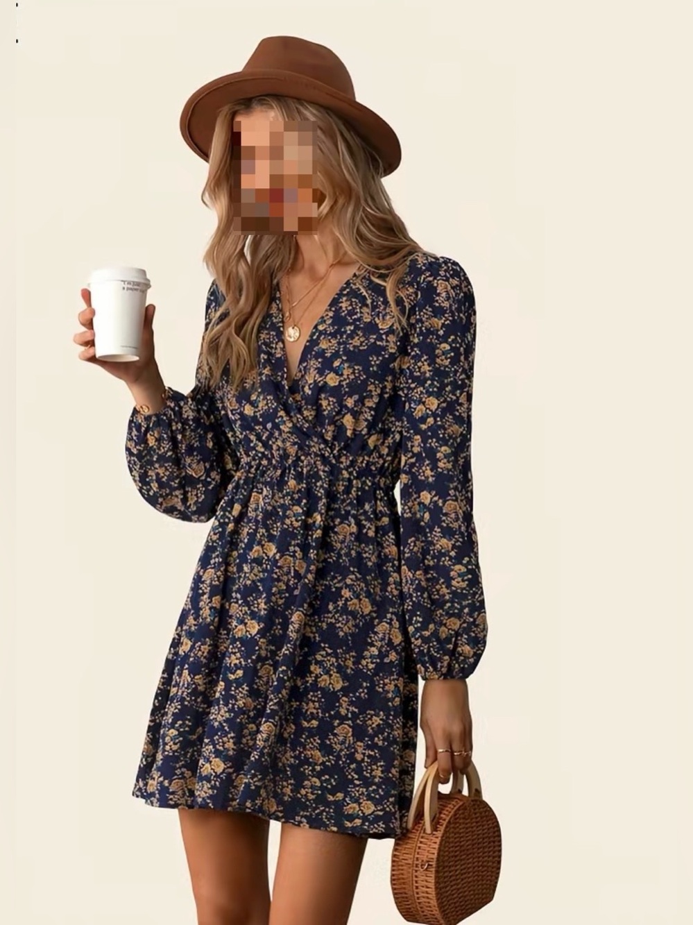 Navy Blue Floral Long Sleeve Mini Dress – Size S/M